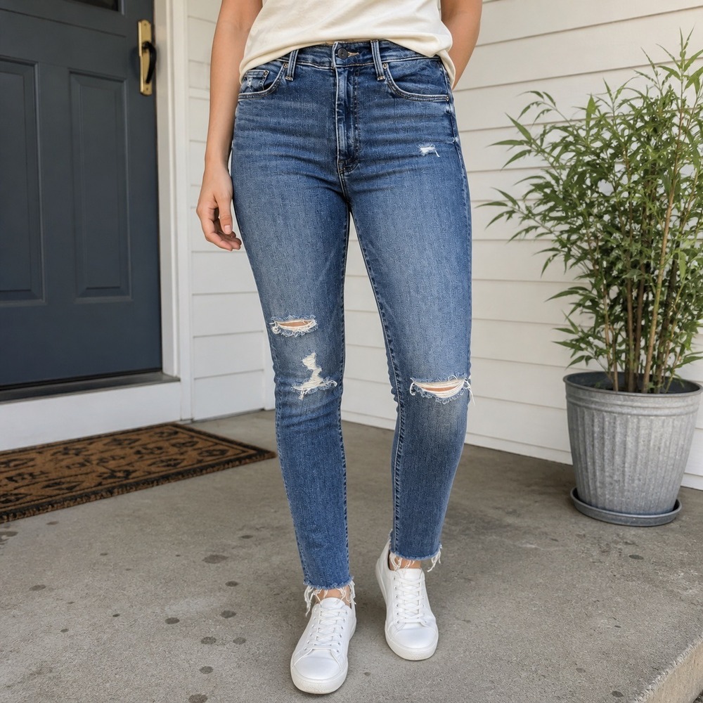 MOTHER The Swooner Ankle Fray Jeans 26 Blue Excellent Distressed Skinny (2350)